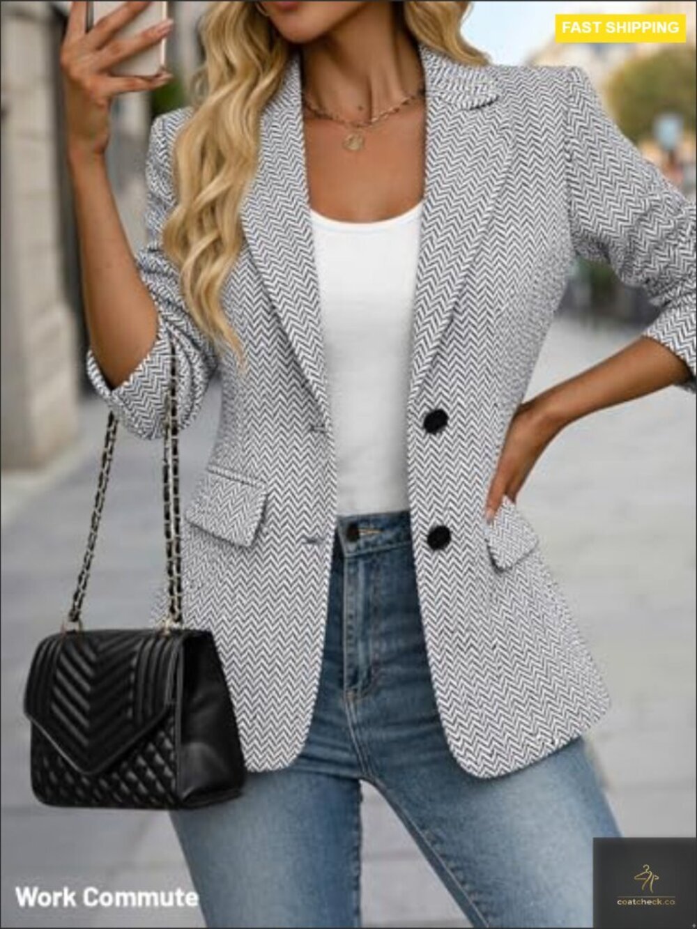 Herringbone Tweed Blazer Slim Fit Open Front Lined Casual Work Office Jacket - Picture 2 of 7